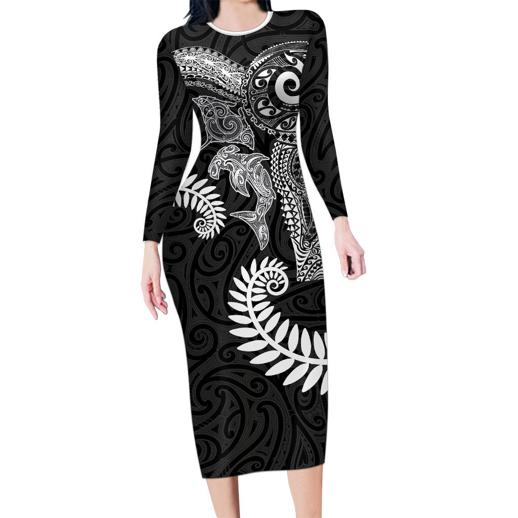 Aotearoa Maori Sea Animals Tribal Family Matching Long Sleeve Bodycon Dress and Hawaiian Shirt Manta Ray and Shark Moko Pattern Black Color