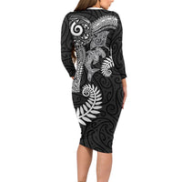 Aotearoa Maori Sea Animals Tribal Family Matching Long Sleeve Bodycon Dress and Hawaiian Shirt Manta Ray and Shark Moko Pattern Black Color