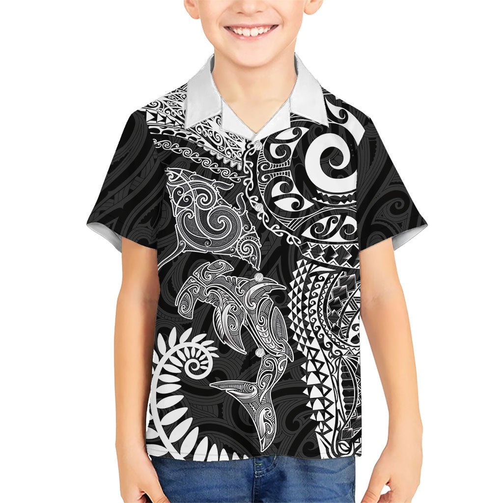 Aotearoa Maori Sea Animals Tribal Family Matching Long Sleeve Bodycon Dress and Hawaiian Shirt Manta Ray and Shark Moko Pattern Black Color
