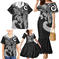 Aotearoa Maori Sea Animals Tribal Family Matching Mermaid Dress and Hawaiian Shirt Manta Ray and Shark Moko Pattern Black Color