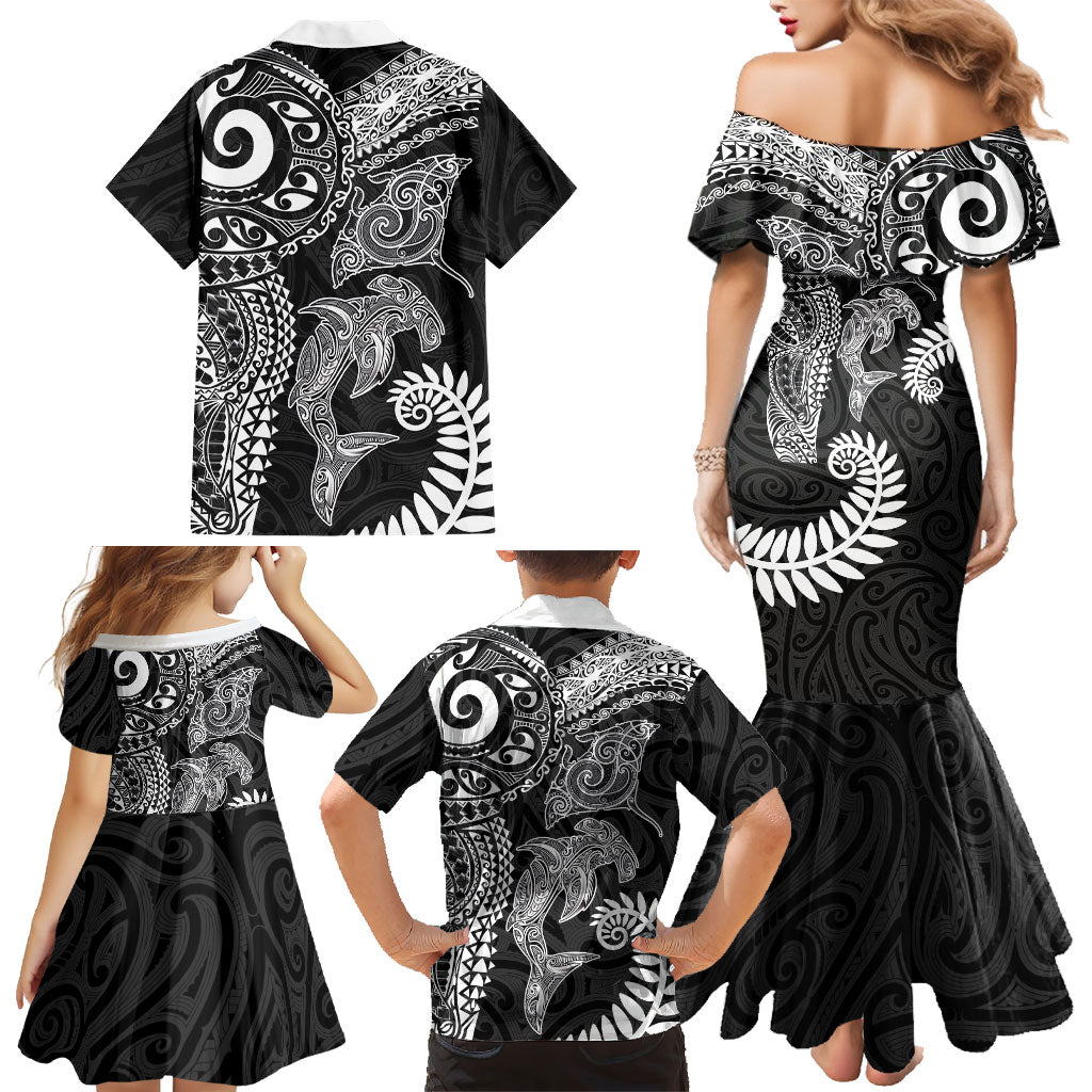 Aotearoa Maori Sea Animals Tribal Family Matching Mermaid Dress and Hawaiian Shirt Manta Ray and Shark Moko Pattern Black Color