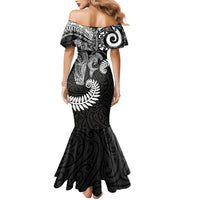 Aotearoa Maori Sea Animals Tribal Family Matching Mermaid Dress and Hawaiian Shirt Manta Ray and Shark Moko Pattern Black Color