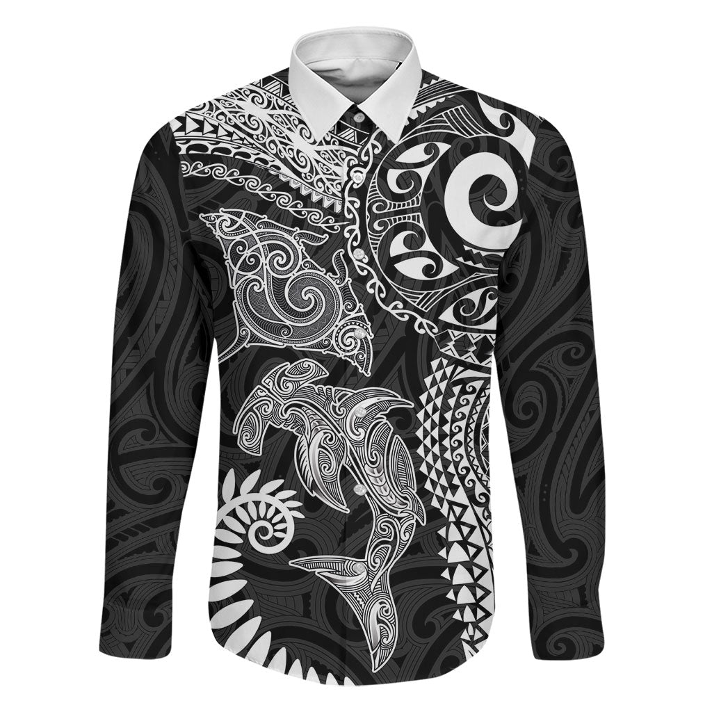 Aotearoa Maori Sea Animals Tribal Family Matching Off Shoulder Short Dress and Hawaiian Shirt Manta Ray and Shark Moko Pattern Black Color