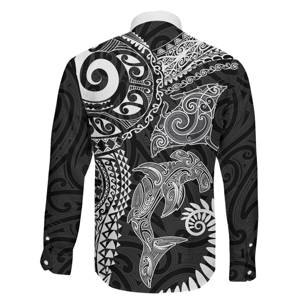 Aotearoa Maori Sea Animals Tribal Family Matching Off Shoulder Short Dress and Hawaiian Shirt Manta Ray and Shark Moko Pattern Black Color
