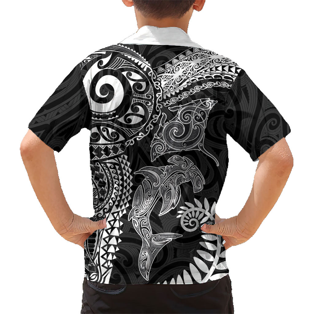 Aotearoa Maori Sea Animals Tribal Family Matching Puletasi and Hawaiian Shirt Manta Ray and Shark Moko Pattern Black Color