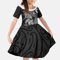 Aotearoa Maori Sea Animals Tribal Family Matching Puletasi and Hawaiian Shirt Manta Ray and Shark Moko Pattern Black Color