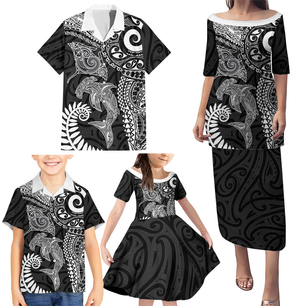 Aotearoa Maori Sea Animals Tribal Family Matching Puletasi and Hawaiian Shirt Manta Ray and Shark Moko Pattern Black Color
