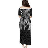 Aotearoa Maori Sea Animals Tribal Family Matching Puletasi and Hawaiian Shirt Manta Ray and Shark Moko Pattern Black Color