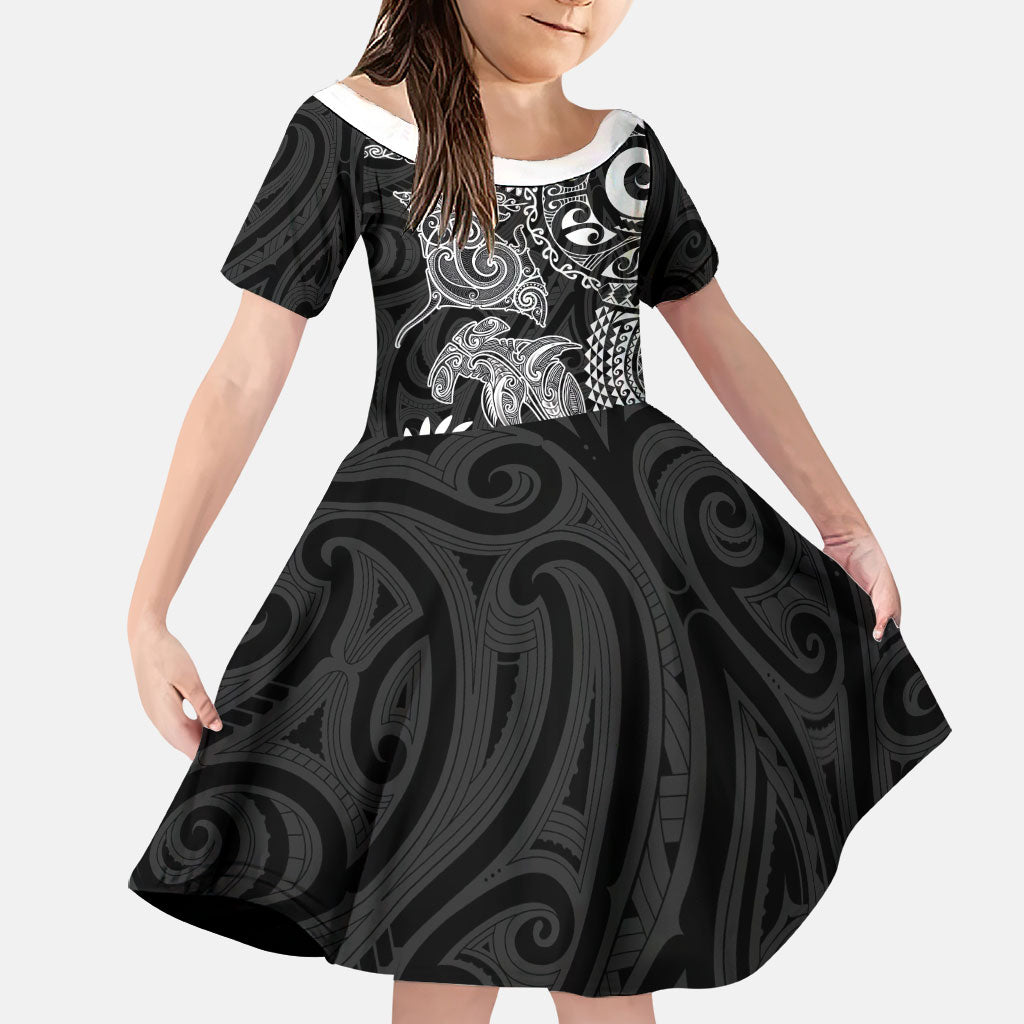 Aotearoa Maori Sea Animals Tribal Family Matching Short Sleeve Bodycon Dress and Hawaiian Shirt Manta Ray and Shark Moko Pattern Black Color