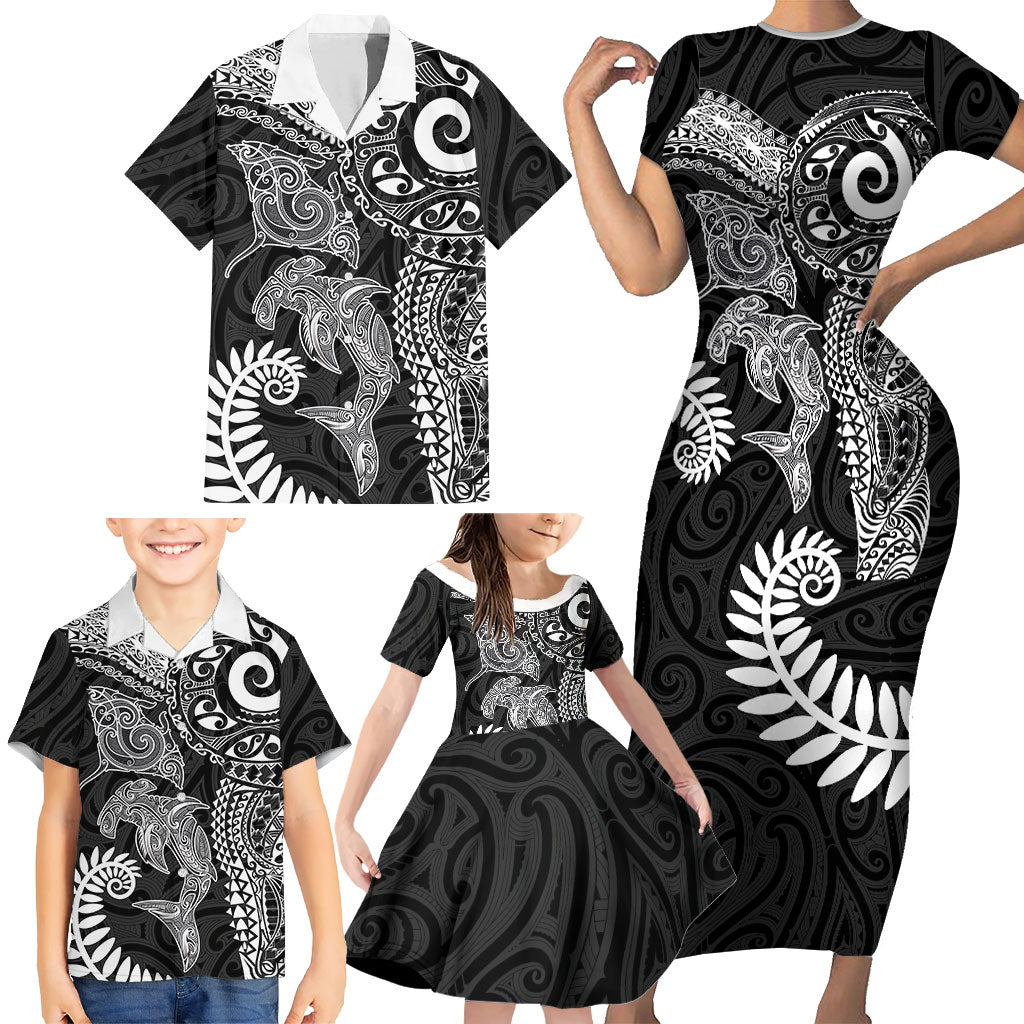 Aotearoa Maori Sea Animals Tribal Family Matching Short Sleeve Bodycon Dress and Hawaiian Shirt Manta Ray and Shark Moko Pattern Black Color