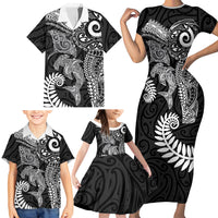 Aotearoa Maori Sea Animals Tribal Family Matching Short Sleeve Bodycon Dress and Hawaiian Shirt Manta Ray and Shark Moko Pattern Black Color