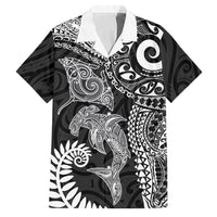 Aotearoa Maori Sea Animals Tribal Family Matching Short Sleeve Bodycon Dress and Hawaiian Shirt Manta Ray and Shark Moko Pattern Black Color