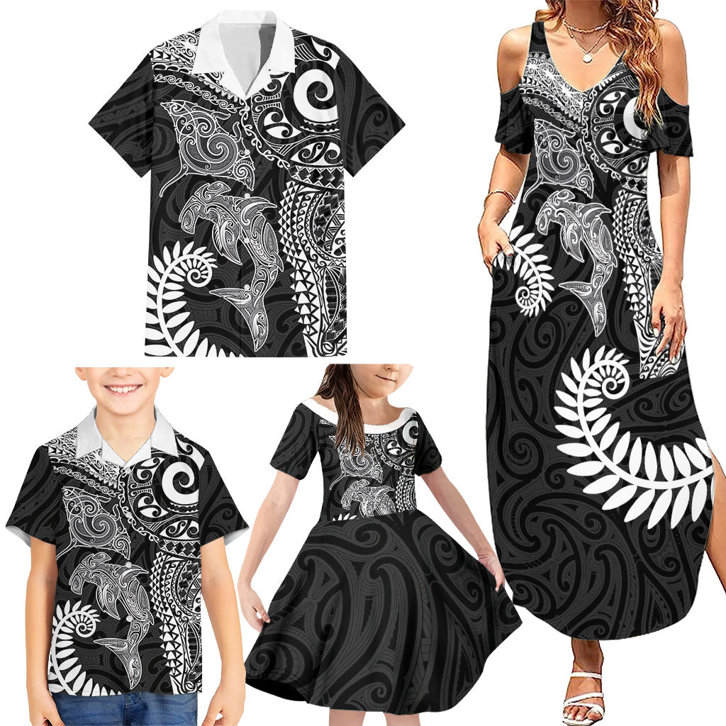 Aotearoa Maori Sea Animals Tribal Family Matching Summer Maxi Dress and Hawaiian Shirt Manta Ray and Shark Moko Pattern Black Color