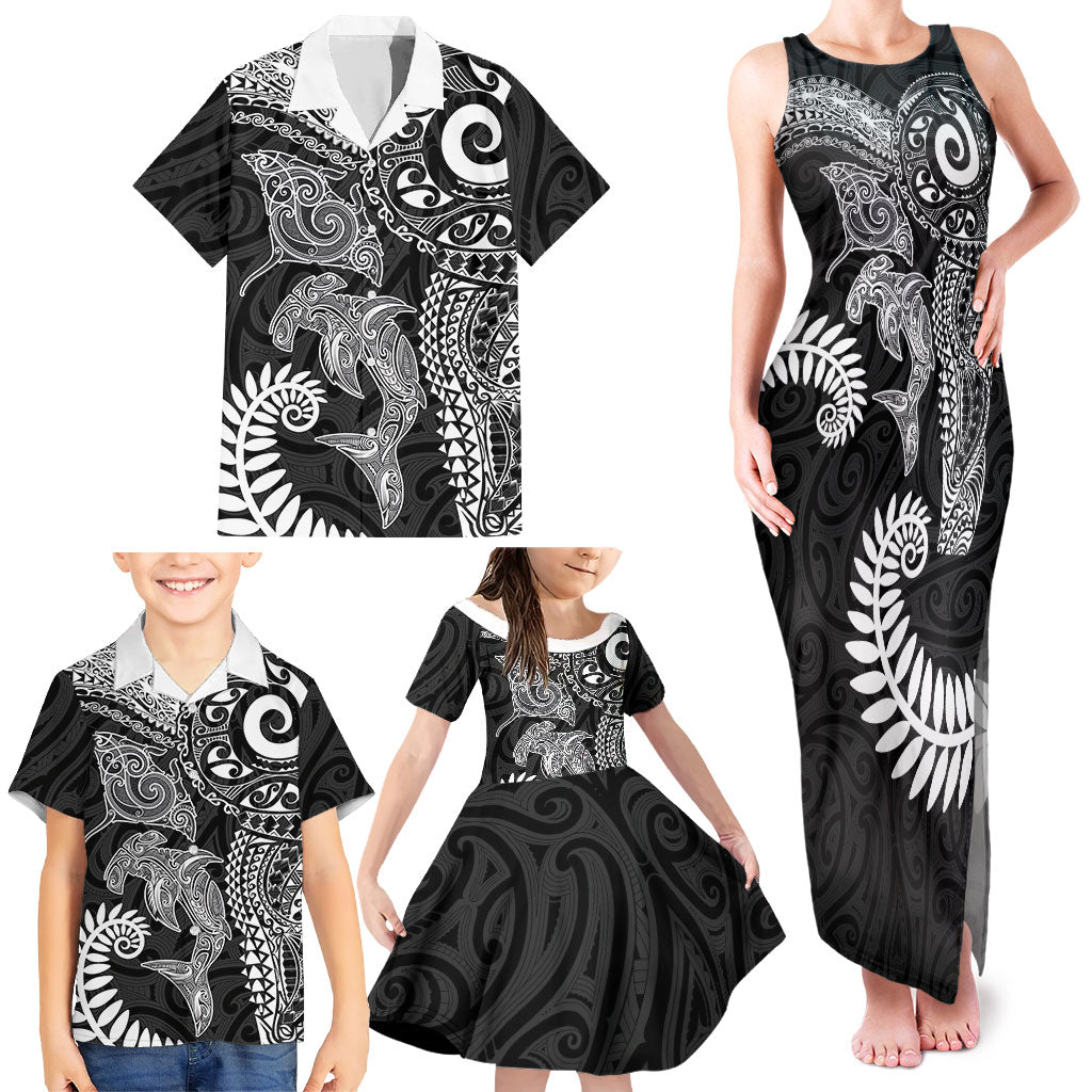 Aotearoa Maori Sea Animals Tribal Family Matching Tank Maxi Dress and Hawaiian Shirt Manta Ray and Shark Moko Pattern Black Color