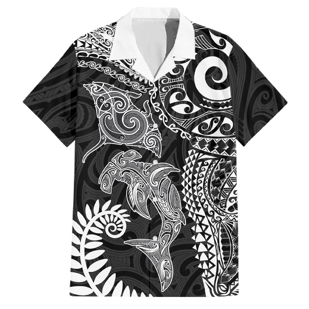 Aotearoa Maori Sea Animals Tribal Family Matching Tank Maxi Dress and Hawaiian Shirt Manta Ray and Shark Moko Pattern Black Color