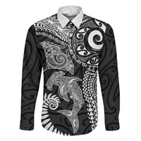 Aotearoa Maori Sea Animals Tribal Family Matching Tank Maxi Dress and Hawaiian Shirt Manta Ray and Shark Moko Pattern Black Color