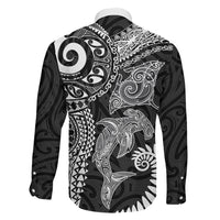 Aotearoa Maori Sea Animals Tribal Family Matching Tank Maxi Dress and Hawaiian Shirt Manta Ray and Shark Moko Pattern Black Color