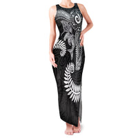Aotearoa Maori Sea Animals Tribal Family Matching Tank Maxi Dress and Hawaiian Shirt Manta Ray and Shark Moko Pattern Black Color