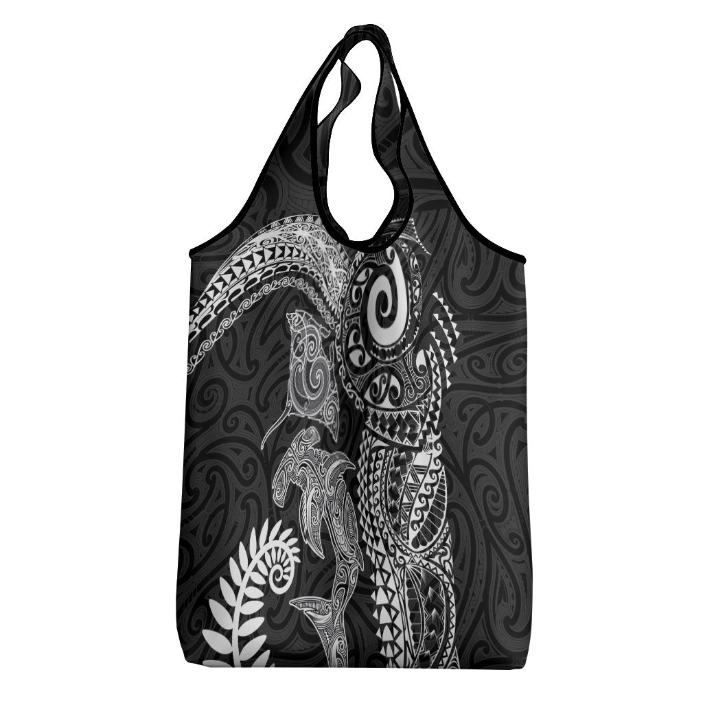 Aotearoa Maori Sea Animals Tribal Grocery Bag Manta Ray and Shark Moko Pattern Black Color