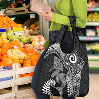 Aotearoa Maori Sea Animals Tribal Grocery Bag Manta Ray and Shark Moko Pattern Black Color