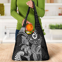 Aotearoa Maori Sea Animals Tribal Grocery Bag Manta Ray and Shark Moko Pattern Black Color