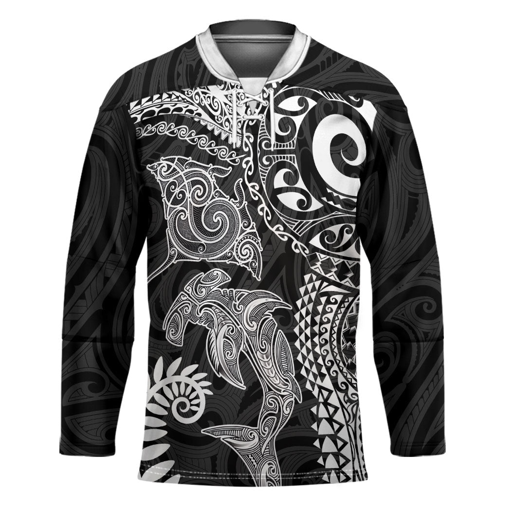 Aotearoa Maori Sea Animals Tribal Hockey Jersey Manta Ray and Shark Moko Pattern Black Color