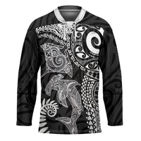 Aotearoa Maori Sea Animals Tribal Hockey Jersey Manta Ray and Shark Moko Pattern Black Color