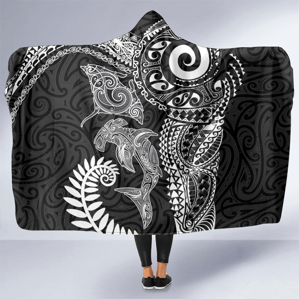 Aotearoa Maori Sea Animals Tribal Hooded Blanket Manta Ray and Shark Moko Pattern Black Color
