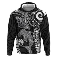 Aotearoa Maori Sea Animals Tribal Hoodie Manta Ray and Shark Moko Pattern Black Color