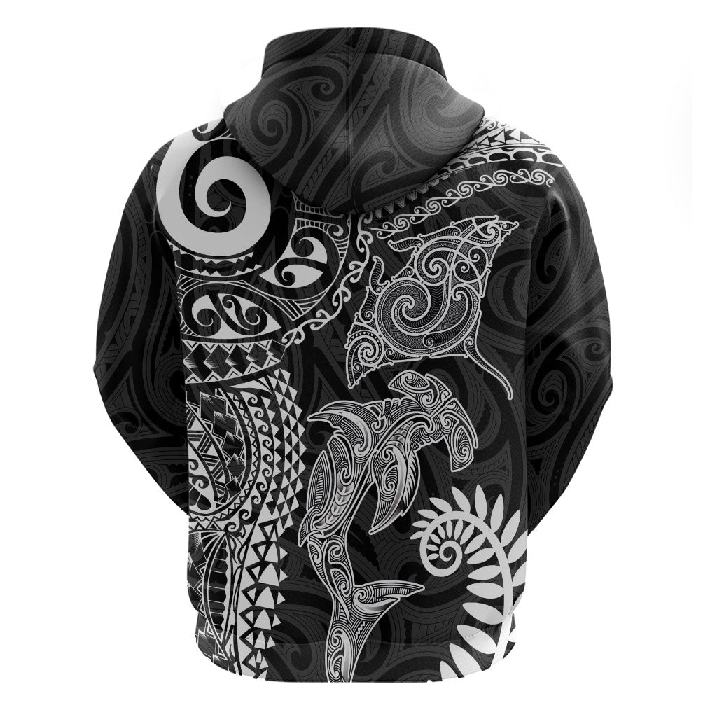 Aotearoa Maori Sea Animals Tribal Hoodie Manta Ray and Shark Moko Pattern Black Color
