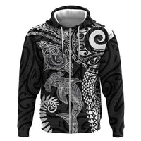 Aotearoa Maori Sea Animals Tribal Hoodie Manta Ray and Shark Moko Pattern Black Color