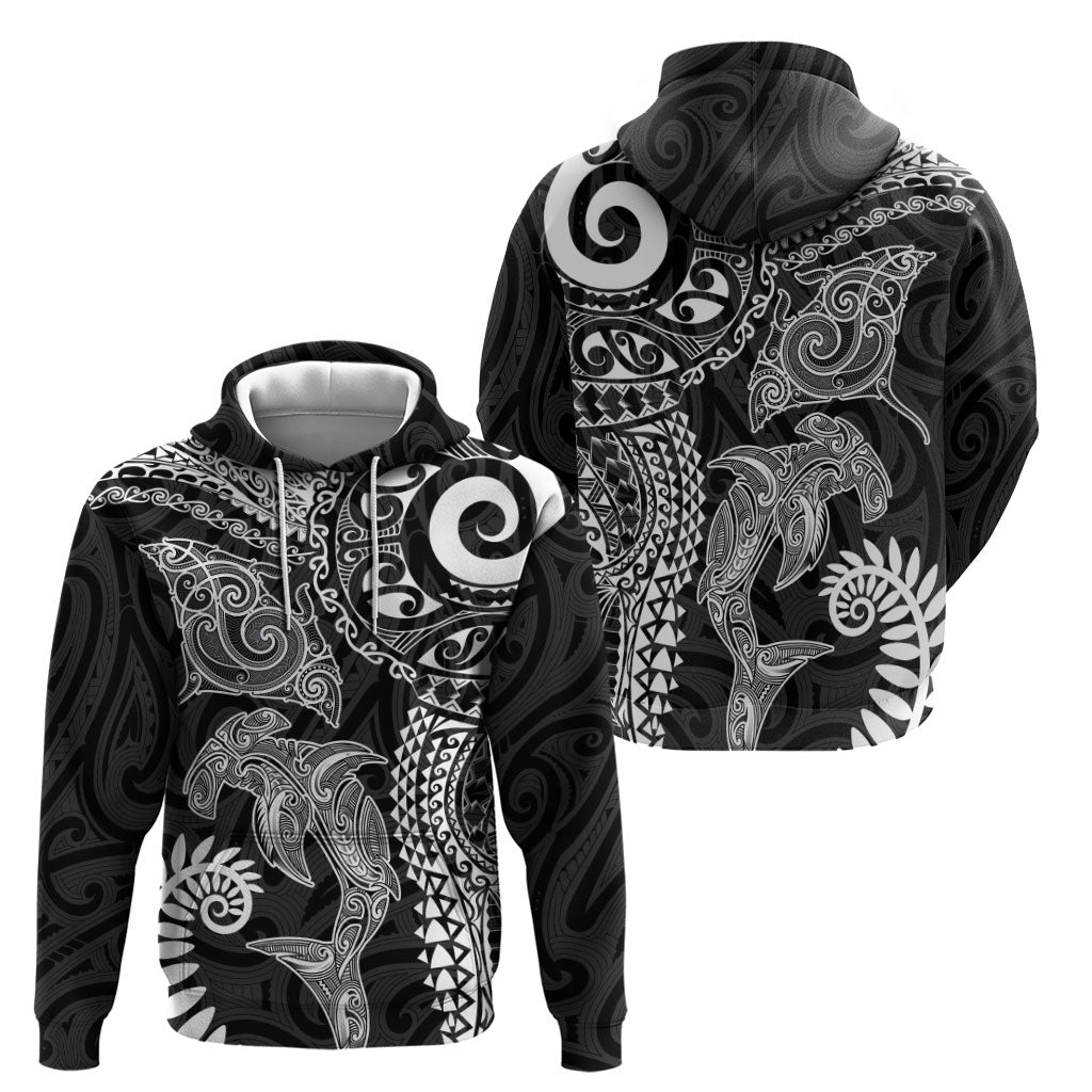 Aotearoa Maori Sea Animals Tribal Hoodie Manta Ray and Shark Moko Pattern Black Color