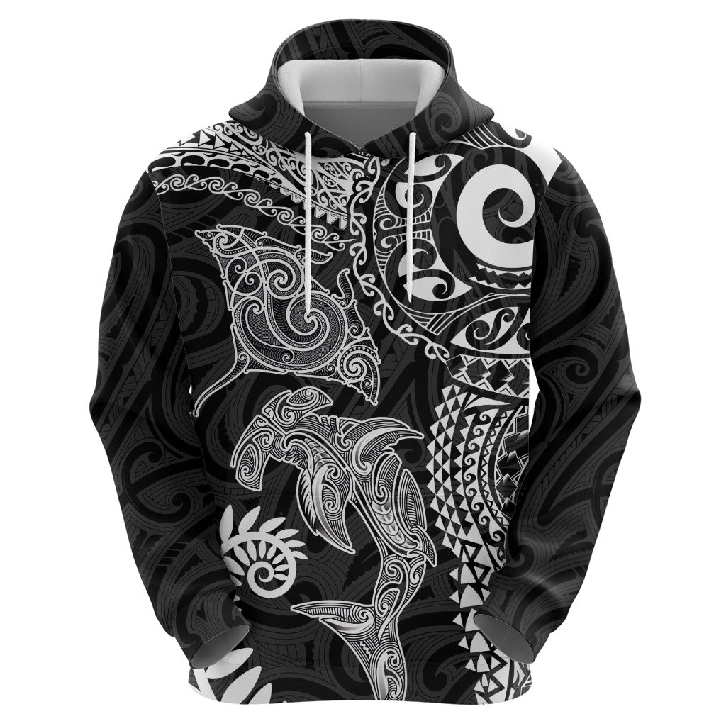 Aotearoa Maori Sea Animals Tribal Hoodie Manta Ray and Shark Moko Pattern Black Color
