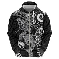 Aotearoa Maori Sea Animals Tribal Hoodie Manta Ray and Shark Moko Pattern Black Color