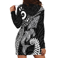 Aotearoa Maori Sea Animals Tribal Hoodie Dress Manta Ray and Shark Moko Pattern Black Color