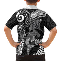 Aotearoa Maori Sea Animals Tribal Kid Hawaiian Shirt Manta Ray and Shark Moko Pattern Black Color