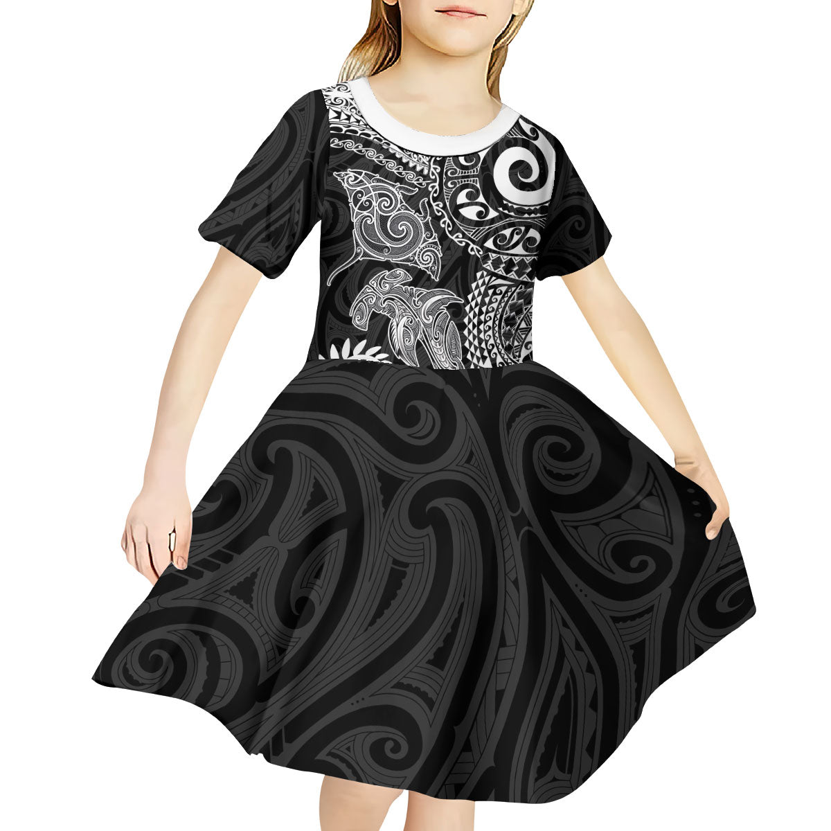 Aotearoa Maori Sea Animals Tribal Kid Short Sleeve Dress Manta Ray and Shark Moko Pattern Black Color