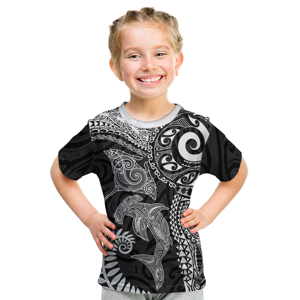 Aotearoa Maori Sea Animals Tribal Kid T Shirt Manta Ray and Shark Moko Pattern Black Color