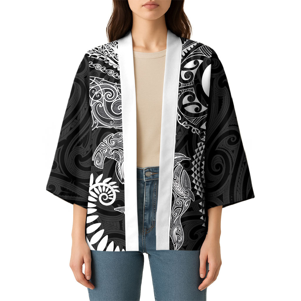 Aotearoa Maori Sea Animals Tribal Kimono Manta Ray and Shark Moko Pattern Black Color