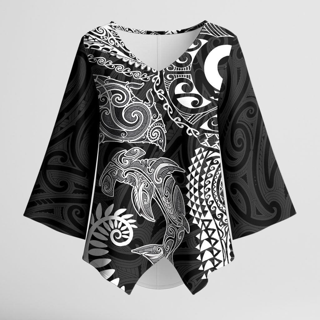 Aotearoa Maori Sea Animals Tribal Kimono Sleeve Blouse Manta Ray and Shark Moko Pattern Black Color