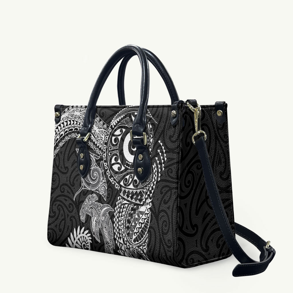 Aotearoa Maori Sea Animals Tribal Leather Bag Manta Ray and Shark Moko Pattern Black Color