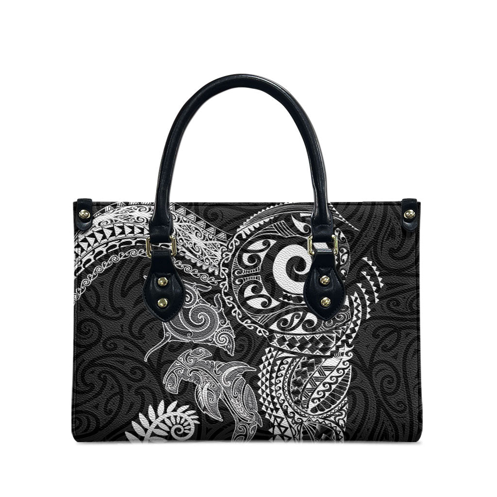 Aotearoa Maori Sea Animals Tribal Leather Bag Manta Ray and Shark Moko Pattern Black Color