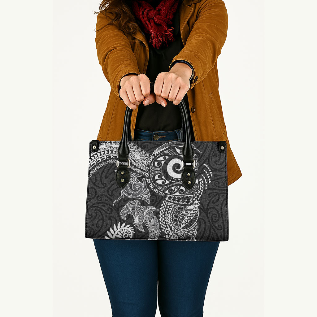 Aotearoa Maori Sea Animals Tribal Leather Bag Manta Ray and Shark Moko Pattern Black Color