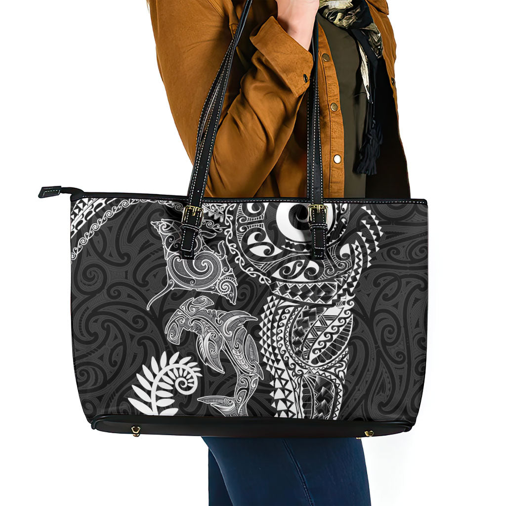Aotearoa Maori Sea Animals Tribal Leather Tote Bag Manta Ray and Shark Moko Pattern Black Color