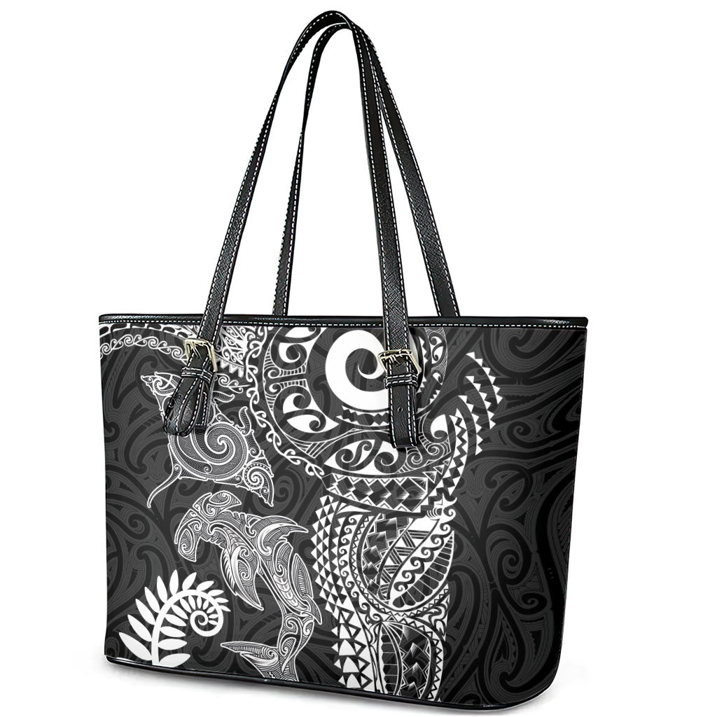 Aotearoa Maori Sea Animals Tribal Leather Tote Bag Manta Ray and Shark Moko Pattern Black Color