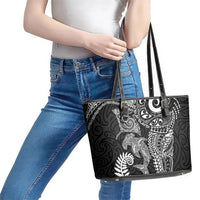 Aotearoa Maori Sea Animals Tribal Leather Tote Bag Manta Ray and Shark Moko Pattern Black Color