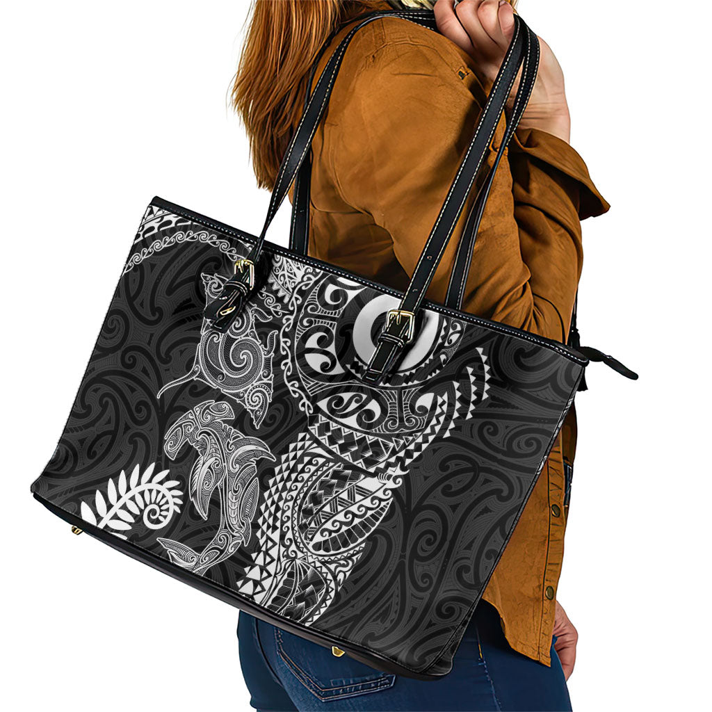 Aotearoa Maori Sea Animals Tribal Leather Tote Bag Manta Ray and Shark Moko Pattern Black Color
