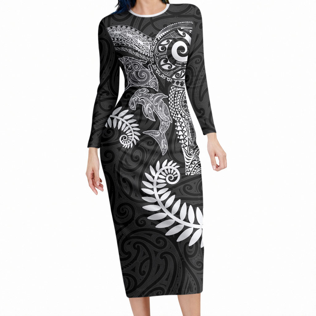 Aotearoa Maori Sea Animals Tribal Long Sleeve Bodycon Dress Manta Ray and Shark Moko Pattern Black Color LT03 Long Dress Black - Polynesian Pride
