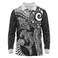 Aotearoa Maori Sea Animals Tribal Long Sleeve Polo Shirt Manta Ray and Shark Moko Pattern Black Color