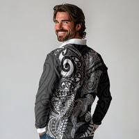 Aotearoa Maori Sea Animals Tribal Long Sleeve Polo Shirt Manta Ray and Shark Moko Pattern Black Color